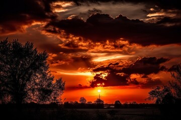 Obraz premium Silhouetted trees against a dramatic sunset sky with fiery orange and red hues. AI generative. .
