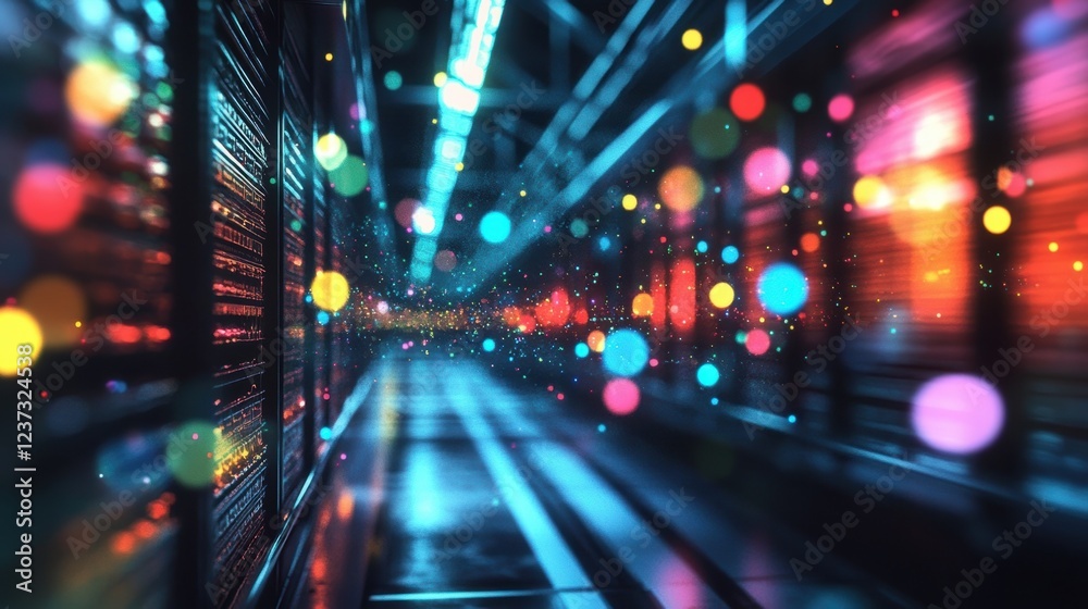 Poster server racks are generating colorful bokeh effect and light trails in a dark server room, showcasing