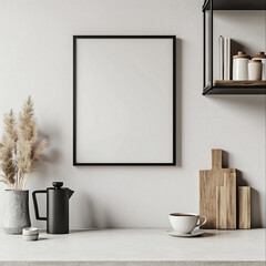 Mock-up empty poster frame in cozy minimalist kitchen with rustic wooden decor and coffee setup