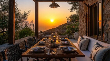 Fototapeta premium Sunset Dinner on a Greek Island Terrace