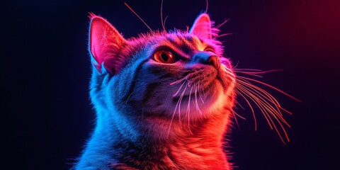 A colorful neon-lit cat portrait with futuristic lighting, ideal for modern art, pet lovers, and digital-themed projects.