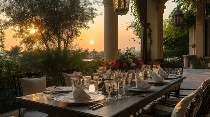 Obraz premium Sunset Dinner Alfresco: An Exquisite Evening Under the Golden Hour