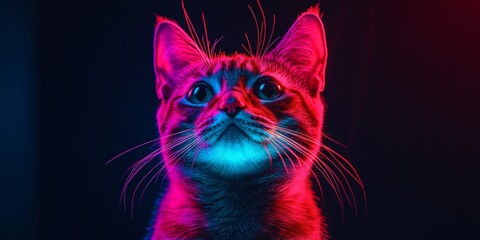A colorful neon-lit cat portrait with futuristic lighting, ideal for modern art, pet lovers, and digital-themed projects.