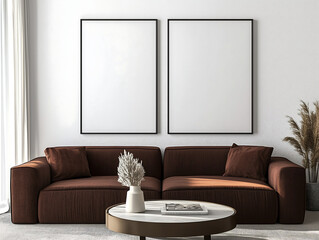 Mock-up set of two empty poster frames above brown sofa in modern stylish living room with neutral decor