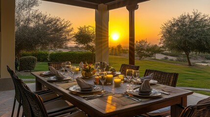 Fototapeta premium Sunset Dinner Alfresco: Luxury Patio Dining Experience