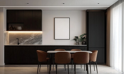 Fototapeta premium Elegant modern kitchen interior with empty poster frame mock-up above dining table