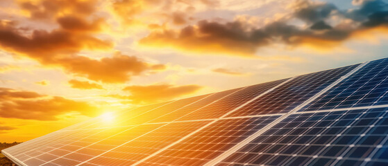 A Solar panels reflecting sunlight during sunset, showcasing renewable energy