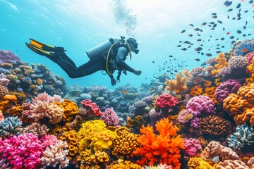 A scuba diver swims over a vibrant coral reef teeming with fish. AI generative. .