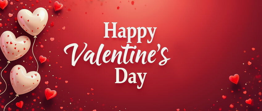 Heart-shaped balloons and red confetti adorn a vibrant red background promoting Valentine's Day. The cheerful message conveys love and celebration, perfect for various festivities