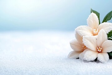 A delicate white flower with soft petals resting on a bed of snow, creating a serene winter scene with gentle hues and a tranquil atmosphere.