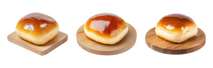 Soft and Glossy Buns on Wooden Plates Isolated on transparent background