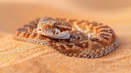 Fototapeta premium Close-up of a brown snake with red eyes in a sandy environment. AI generative. .