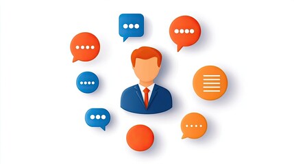 A professional man surrounded by colorful speech bubbles, representing communication and interaction in a corporate setting.