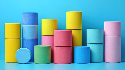 Colorful Cylinders Arrangement on Blue Background: Abstract Composition of Stacked and Scattered Cylinders in Vibrant Hues