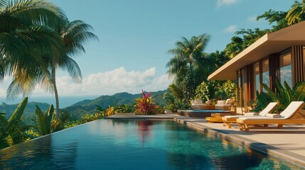Obraz premium Luxury Villa with Infinity Pool Overlooking Tropical Mountain Range and Ocean View