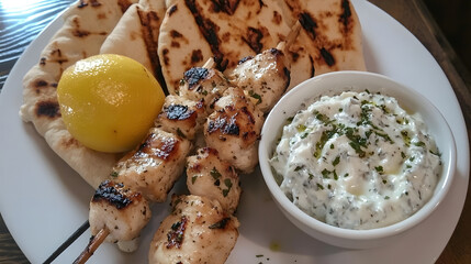 Greek chicken souvlaki, marinated with lemon, garlic, and oregano, grilled on skewers and served with a side of tzatziki and pita.