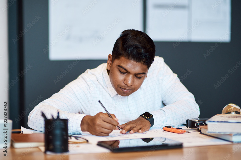 Poster serious, architect and man in office, sketching and documents for renovation, blueprint and property