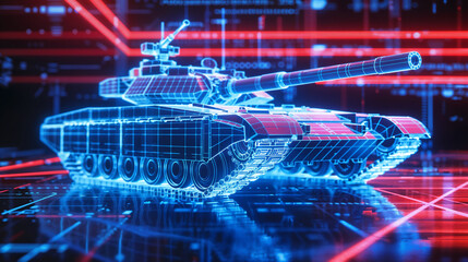 Futuristic military tank hologram on digital circuit background with neon lighting effects, showcasing advanced technology wireframe design in cyberpunk style visualization