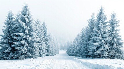 Fototapeta premium Snowy path through a frosted forest with tall pine trees. AI generative. .
