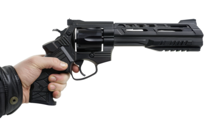 Man holding revolver pistol gun on transparent background