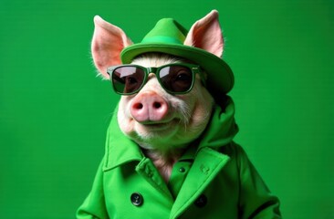 Stylish pig in a green coat and sunglasses, wearing a hat, with a cocktail monochrome green background, commercial photography
