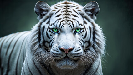 Fototapeta premium Majestic White Tiger Portrait with Green Eyes Wildlife Photo