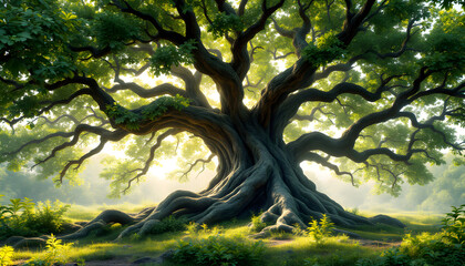 Majestic Ancient Oak Tree in Serene Sunlight