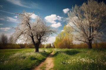 Obraz premium A dirt path winds through a field of grass and white flowers, framed by trees in bloom. AI generative. .