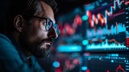 A man in glasses stares intently at a computer screen with graphs and numbers in blue and red. AI generative. .