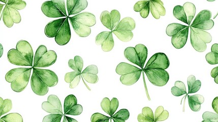 Fototapeta premium A seamless pattern of watercolor-style green clovers on a white background. Perfect for St. Patrick's Day designs, festive prints, wallpapers, and digital art.