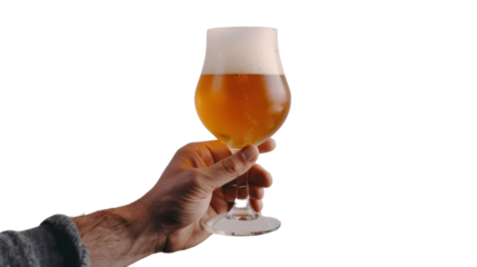 Man holding glass of cold beer with transparent background