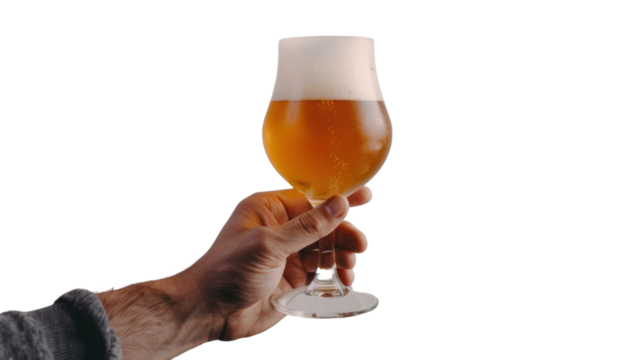 Man holding glass of cold beer with transparent background