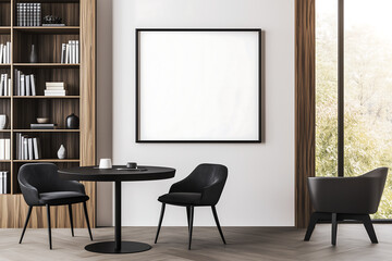 Mock-up poster empty frame on the wall in a modern reading area with a round black table, sleek chairs, and wooden bookshelves in a bright workspace