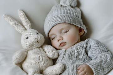 Sleeping baby in a cozy knitted outfit resting with a soft plush bunny toy, symbolizing warmth, comfort, and peaceful childhood dreams