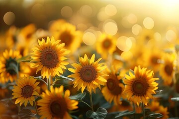 Close-up of sunflowers in a field with a bokeh background. AI generative. .