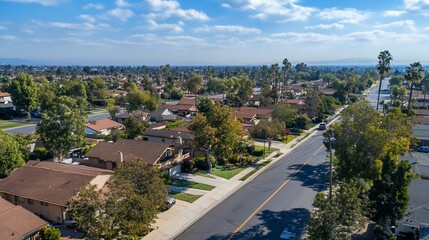 Aerial View of a Suburban Neighborhood with Houses, Trees, and Streets Under a Clear Blue Sky