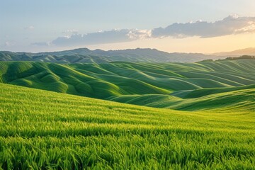 Rolling green hills with a blue sky and white clouds. AI generative. .