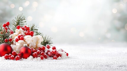 Festive Christmas decor, snow, berries, ornaments; holiday greeting card