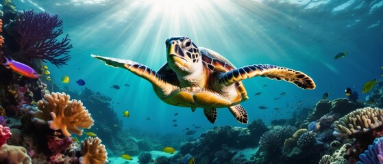 Fototapeta premium A realistic close-up of a tortoise with intricate shell patterns, resting on a patch of green moss in a lush forest, with soft sunlight filtering through the trees