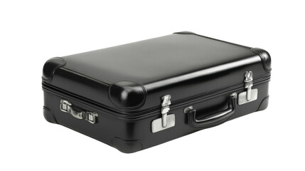 Closed black suitcase with metal details on transparent background