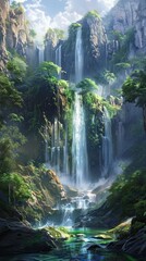 Majestic Waterfall Cascading Down a Cliff into a Lush Forest. AI generated illustration