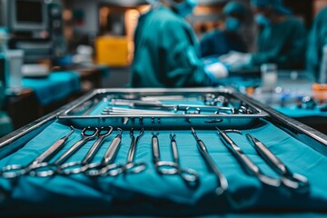 Surgical instruments laid out on a blue tray.  AI generative. .