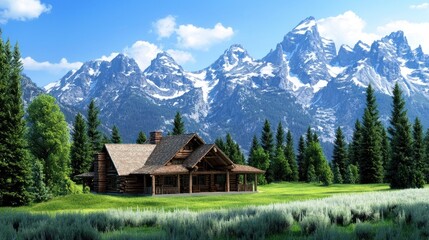 Rustic Log Cabin nestled in a Mountain Meadow