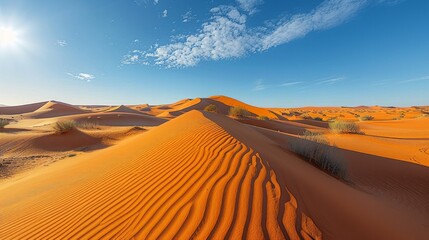 Red sand dunes stretch under a blue sky with fluffy white clouds. AI generative. .