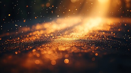 Naklejka premium Golden glitter sparkles, dark background, bokeh lights, festive backdrop.