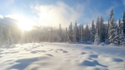 Obraz premium Bright sun illuminates a snow-covered mountain forest, creating a serene winter landscape with tall evergreen trees and fresh snow