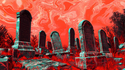Gravestones in a trippy, kaleidoscopic red environment, with patterns and colors blending and shifting. Kaleidoscopic Patterns. Illustration