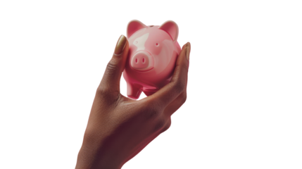 Woman holding piggy bank on transparent background symbolizing saving money