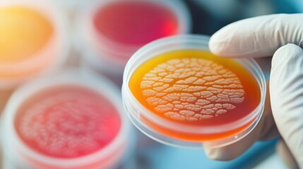 Scientist in a laboratory examining bacterial cultures in petri dishes with a focus on growth patterns and characteristics