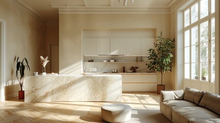 Modern kitchen with marble island, wood floor, and a beige sofa in a sunlit room. AI generative. .